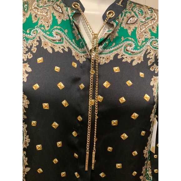 Michael Kors Navy Blue Tan Green Geometric Paisley Dress W/ Chain Size XS, NWT! - Picture 3 of 11